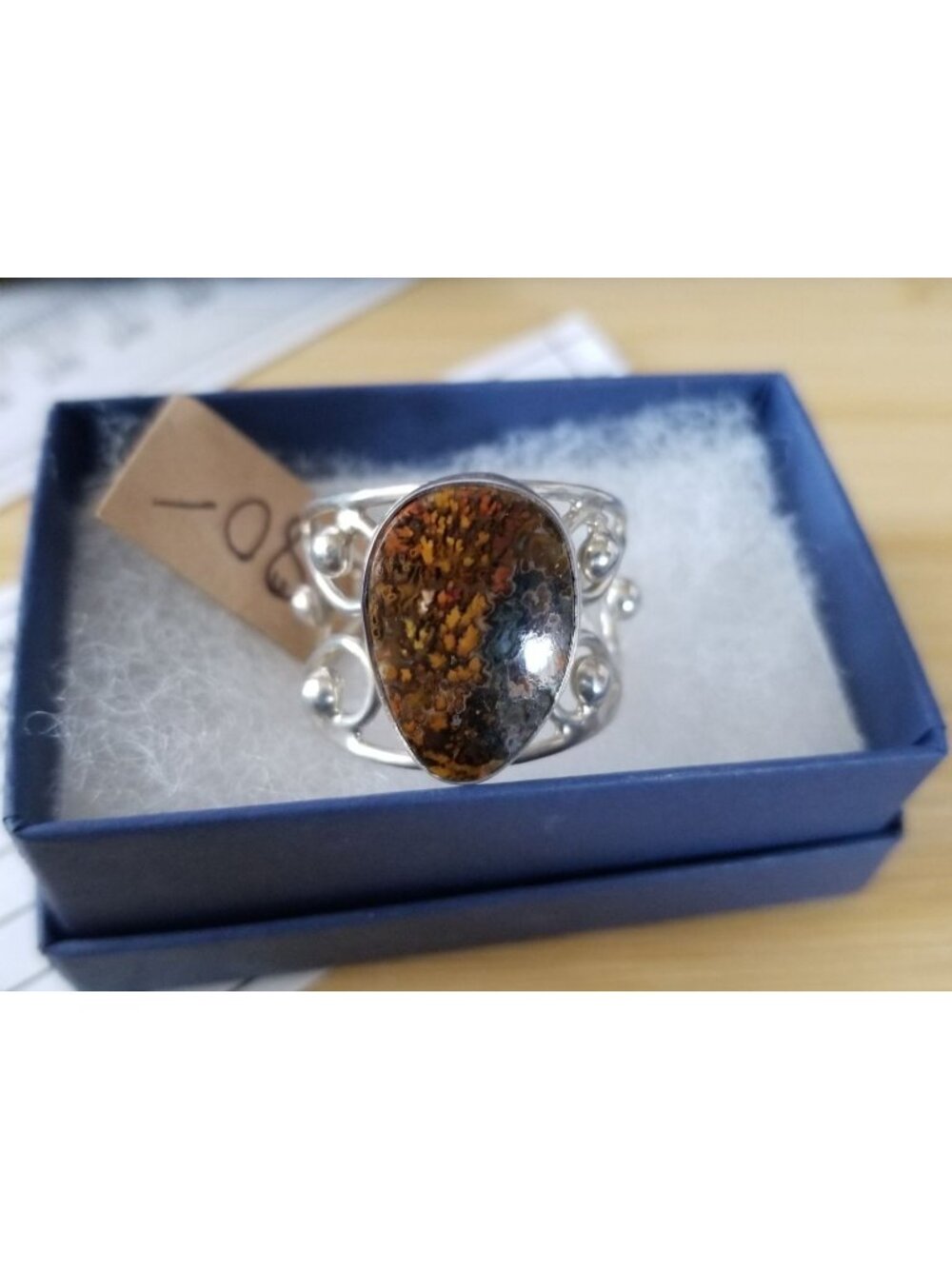 Ring Poppy Jasper 50 ct 10 Gr Size 13 1/2 10 mm x 20 mm Fran Harr 925 Silver - Picture 1 of 9